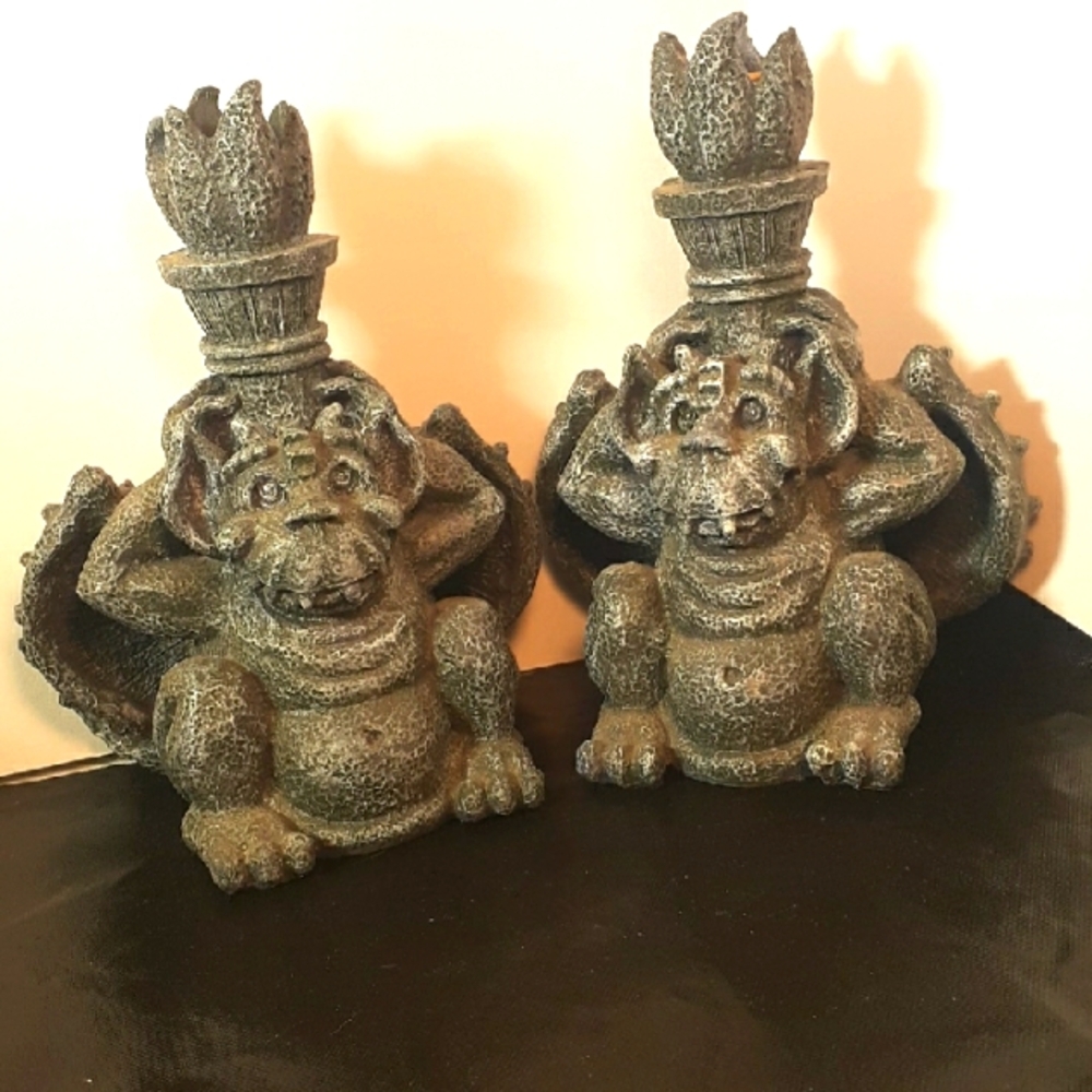 Set 2 Gothic Gargoyle Candle Holders VG Cond. 6 1/2"